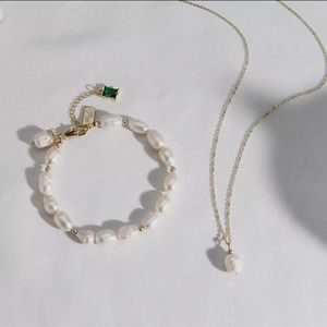 Korean new design delicate chain freshwater pearl emerald square zircon bracelet